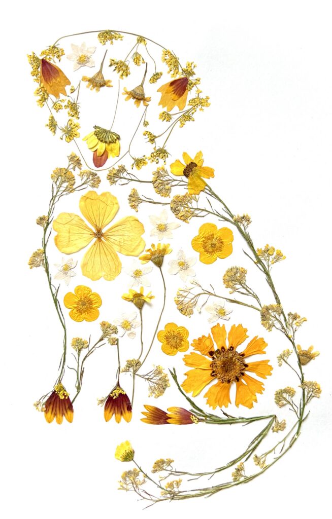 Golden Dog, pressed flower pet portrait art by Gretchen TenBrook