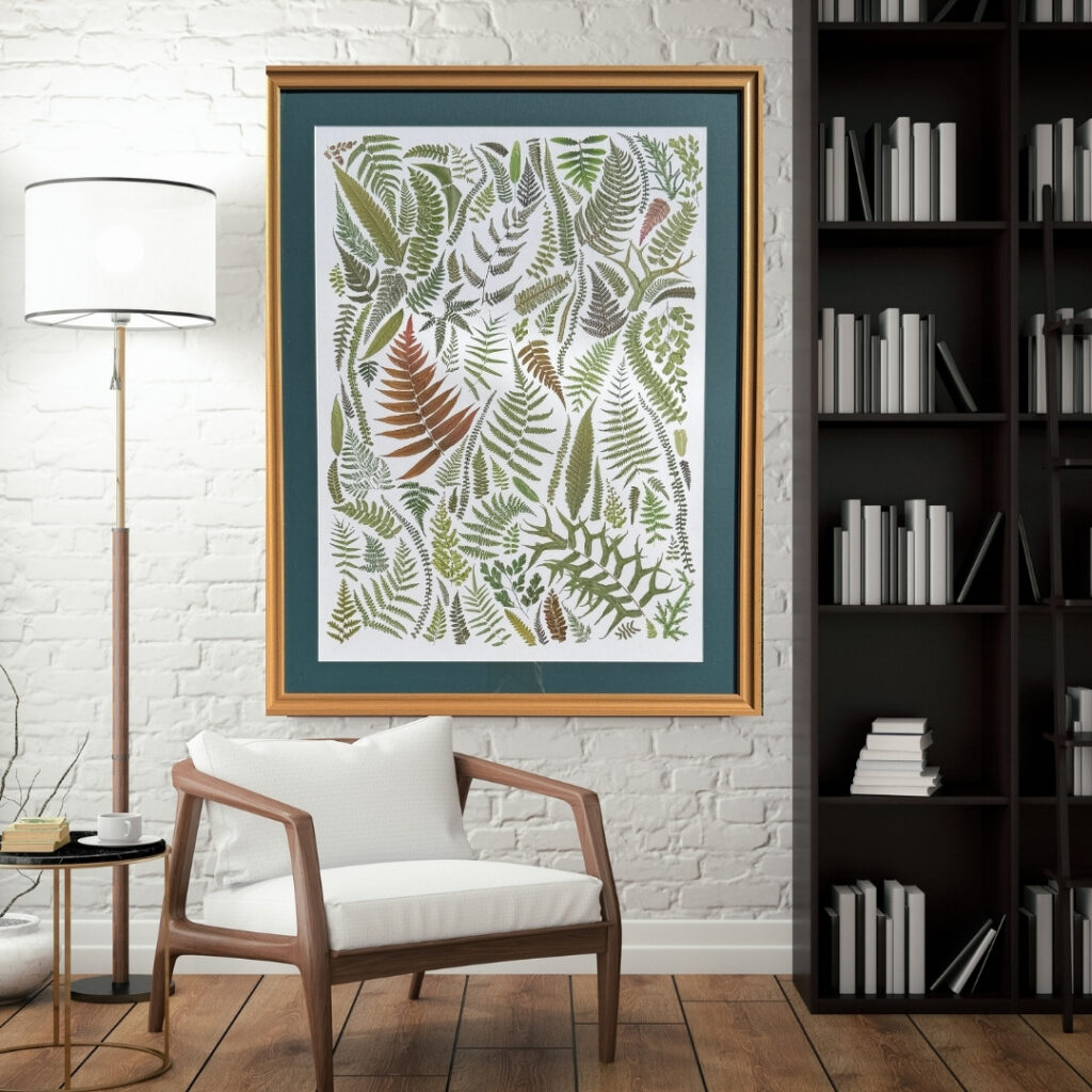 Portal of Ferns pressed fern art commission, 28 by 36 inches framed, hanging on a wall