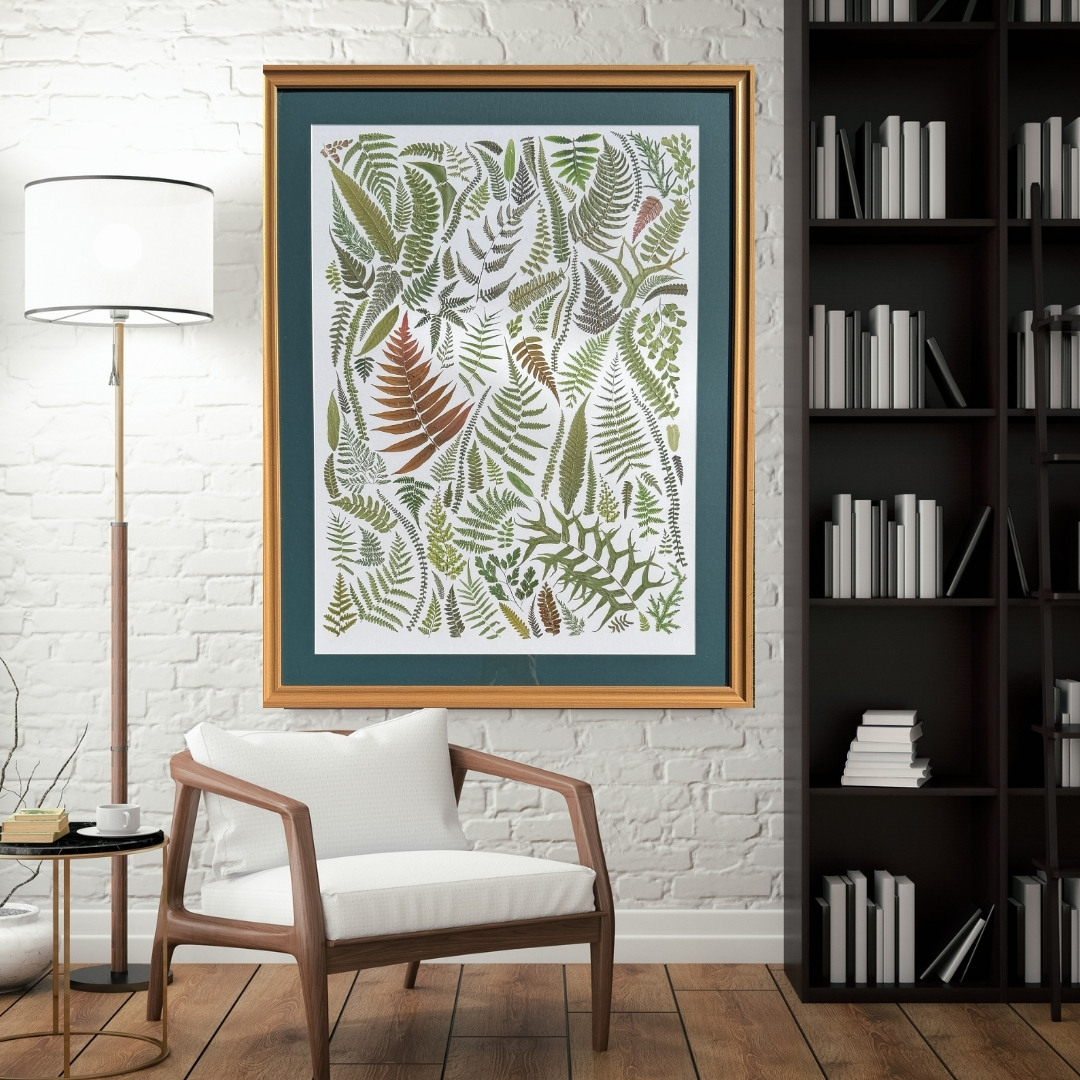 Portal of Ferns pressed fern art commission, 28 by 36 inches framed, hanging on a wall
