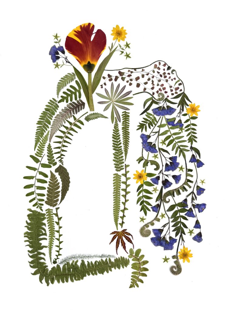 April pressed flower and fern fairy art by nature artist Gretchen TenBrook
