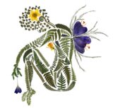 Pressed fern and flower artwork with purple crocus and yellow blooms on a white background