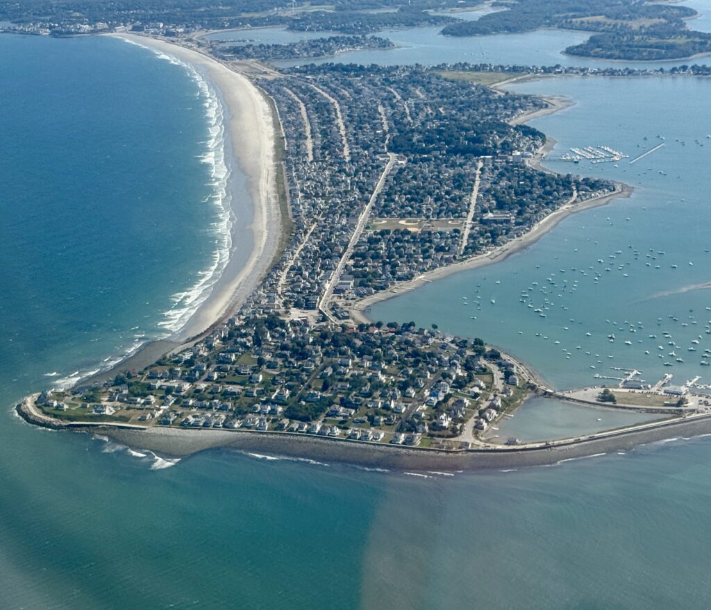 Aerial view of the Nantasket peninsula and beach in Hull, Massachusetts
