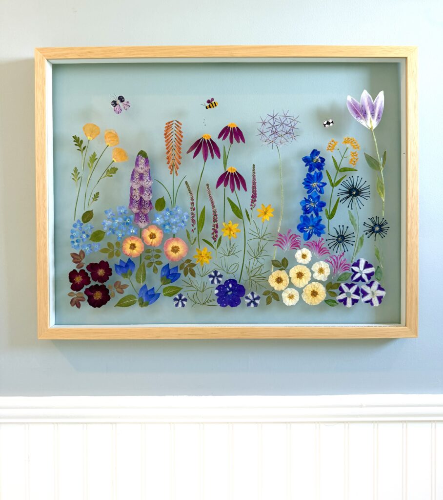 Garden on My Wall custom pressed flower art commission in a 24 by 18 inch double glass solid maple frame