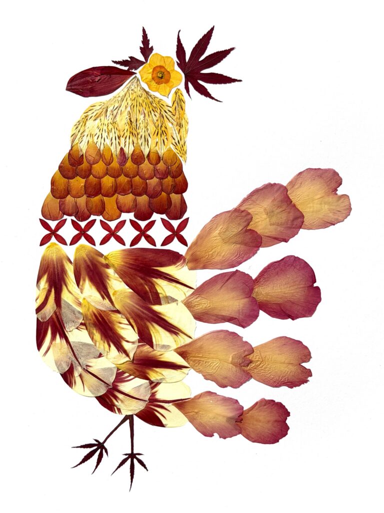 Custom pressed flower art rooster logo made for Suzette Creperie and Cafe in Worcester, Massachusetts